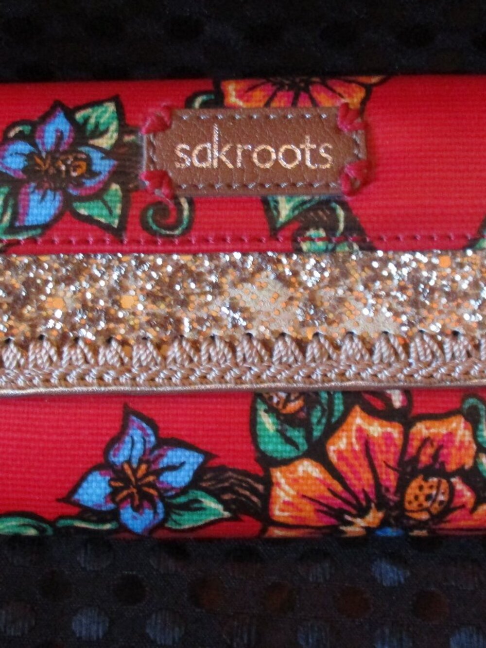 The Sakroots Artist Circle Collection Trifold Red Floral & Gold Glitter Wallet